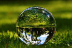 Glass ball on grass, mirroring the scenery around
