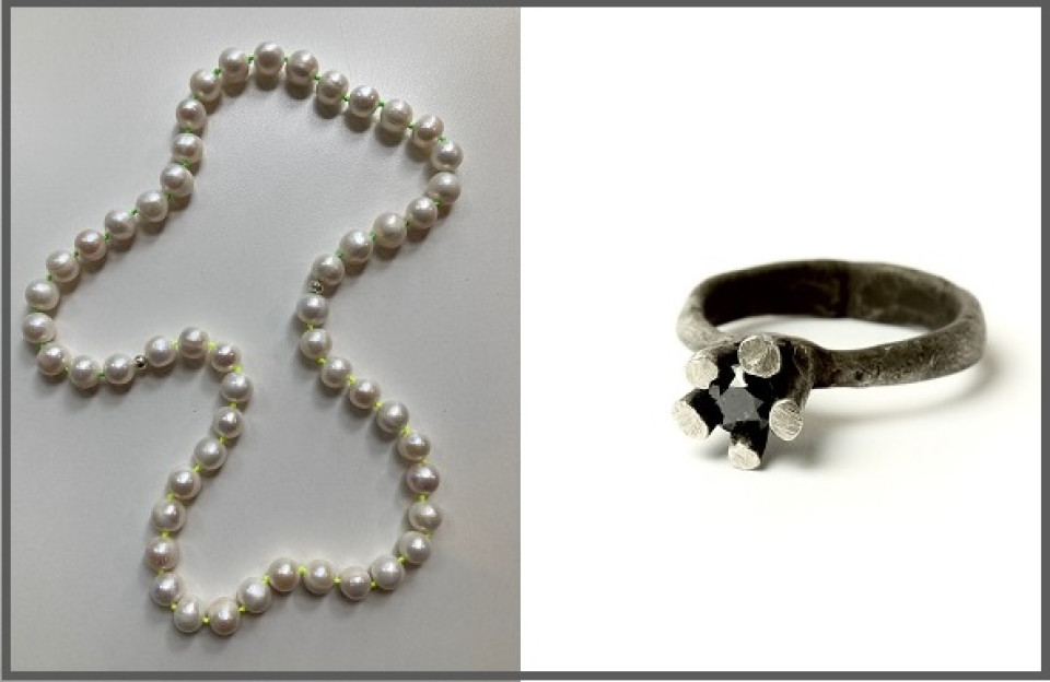 Pearl necklace by Lisa Walker and diamond ring by Karl Fritsch