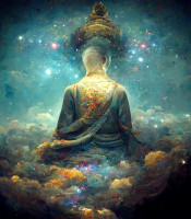Cosmic image of a Buddha figure among many planets or stars