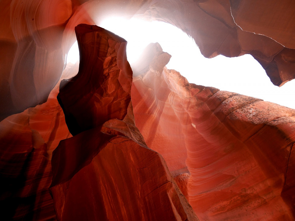 Light coming down through rocks in Antelope Canyon