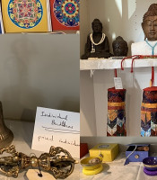Buddha heads, singing bowls and cards in the shop