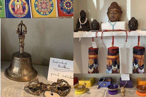 Buddha heads, singing bowls and cards in the shop