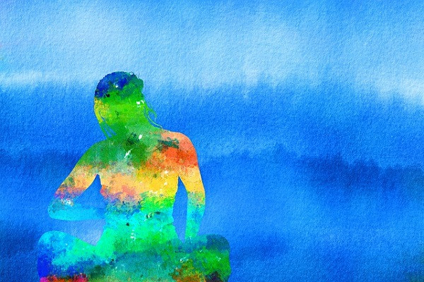 Watercolour of a rainbow figure meditating