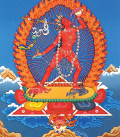 A traditional image of the dakini Vajrayogini in the sky surrounded by flames