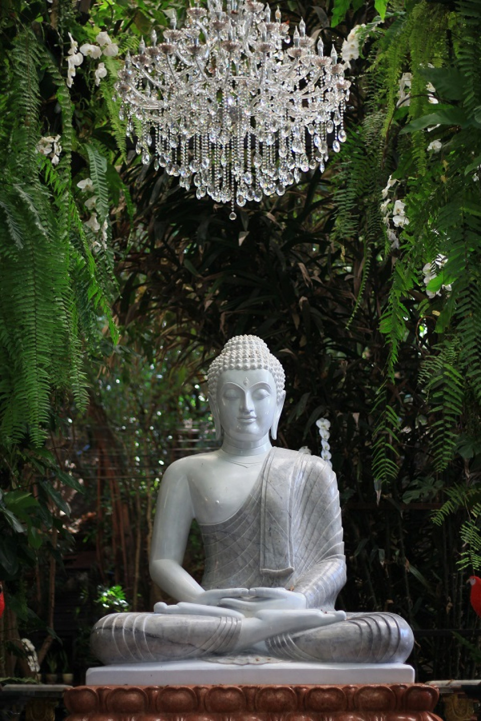 Buddha with a chandelier above him